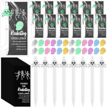 Imagem de 30 conjuntos de canetas esferográficas retráteis de Halloween com ornamentos luminosos de crânio, cartão de agradecimento, presentes de Halloween, lembrancinhas de festa de Halloween para funcionários