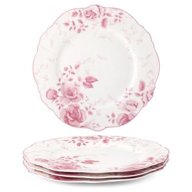 Imagem de fanquare Conjunto de 4 pratos de jantar florais rosa, 26 cm, grande, redondo, porcelana, aperitivo, bife, pratos de servir para micro-ondas e lava-louças