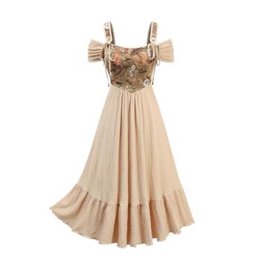 Imagem de ROSE GAL Women Plus Size Medieval Renaissance Costume Dress Cold Shoulder Ruffled Hem Daisy Jacquard Textured Crinkly Maxi Corset Dress with Pockets(Khaki/L)