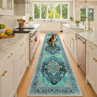 Imagem de RELEANY Tapetes de área 9,5 x 25,4 m lavável, antiderrapante, estampa floral, vintage, tapete medalhão para sala de estar, quarto, sala de jantar, verde-petróleo, azul lago turquesa