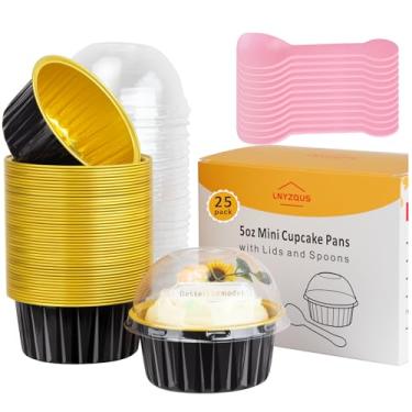 Imagem de Formas de cupcake de 141,7 g com tampas, pacote com 25, copos descartáveis de alumínio para muffins, mini recipientes de bolo, creme, brulee, ramequins, forros de cupcake para o dia de todos os