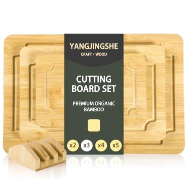 Imagem de Tábua de corte de bambu – Conjunto de tábua de corte de madeira de bambu para preparação e servir refeições na cozinha – para cortar carne, legumes, frutas, queijo, bandeja de servir com facas com