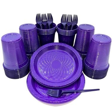 Imagem de Kit 300 Itens Festa Aniversário Descartáveis Plástico Colorido Perolado 100 Pessoas Completo Pratinho Garfinhos Copos (Roxo)
