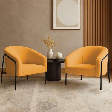 Imagem de Poltrona Sala Industrial Alta Preto Kit 2 Stella Bouclê Mostarda D03 - D`rossi