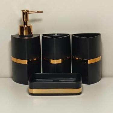 Imagem de Conjunto Lavabo Luxo 2 ou 4 Peças Kit Completo para Pia de Banheiro Moderno(Kit4 Triângulo Preto e Ouro)