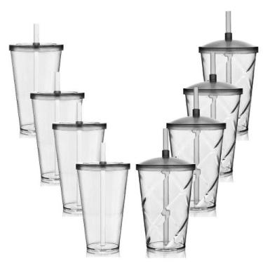 Imagem de Kit 4 Copos Com Tampa 700Ml 4 Copos Com Tampa 550Ml Acrílico - Krystal