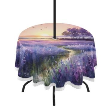 Imagem de Blueangle Toalha de mesa redonda à prova d'água de 152 cm, pôr do sol ao ar livre em um campo roxo com orifício para guarda-chuva, tecido resistente para todos os climas para pátio, acampamento