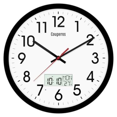 Imagem de Couperos Relógio de parede digital de 30 cm com display LCD iluminado temperatura, semana, hora comutável e calendário perpétuo, sem ruído de tique-taque, relógio analógico moderno para cozinha quarto