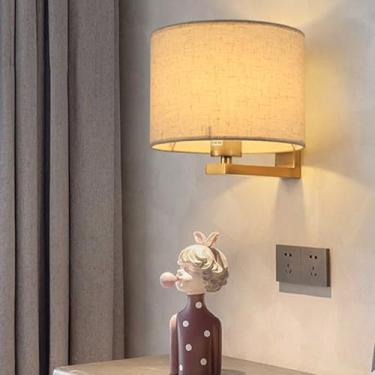 Imagem de GZZBMY E27 Lâmpadas de parede internas Arandela de metal moderna com tecido redondo Abajur Iluminação de parede de cabeceira para quarto sala de estar Escada (sem lâmpada) (Redondo, Cobre + Bege)