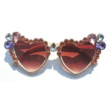Imagem de willochra Óculos de sol femininos com strass em forma de coração com diamantes brilhantes para festa, Marrom, Medium