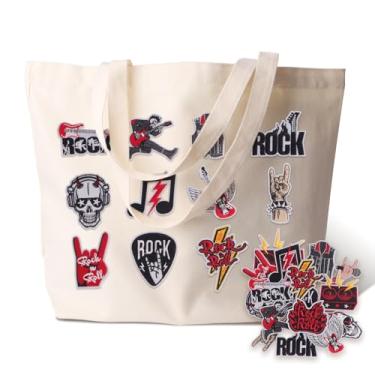 Imagem de LAUDTEC Bolsa de lona estética feminina moderna com 15 peças de adesivos bordados de música rock heavy metal, bolsa de ombro reutilizável para férias, compras, trabalho, academia, ótimo presente para