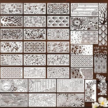 Imagem de 30 peças de estênceis para artesanato, textura reutilizável, ramos geométricos, estênceis florais de folhas, modelos vintage de camadas para pintura em madeira, tela, móveis, cartão de papel para
