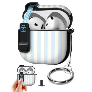 Imagem de Joyleop Capa para Airpods 4 – com trava de segurança fofa feminina feminina estética bonita capa protetora contra choque rígido com chaveiro para AirPods 4ª geração 2024, listras