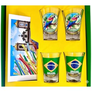 Imagem de Copo Shot Dose Brasil Bandeira Arara Vermelha. Kit 04 unidades. Souvenir Lembrança do Brasil/BRASILMANIA/Presente Colecionável/Turista/Gifts Intercâmbio/Decoração/Finger Foods/Vidro Decorado 60ml.
