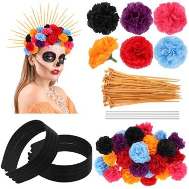 Imagem de BOUTICOL 290 peças de cabeça floral Dia dos Mortos DIY flor mexicana coroa halo tiara para mulheres Dia dos Mortos Cinco de Mayo fantasia acessórios de cabelo