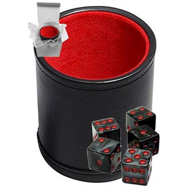 Imagem de Set of 16mm Marbleized Squared Corners Dice and Black PU Leather Dice Cup Plush Velvet Lined - Gift Boxed (Charcoal Dice, Black/Red Cup)