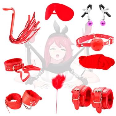 Imagem de Kit Bondage BDSM Completo 10 Peças Algemas, Coleira e Amarras para Casal Fetiche Dominação Vermelho