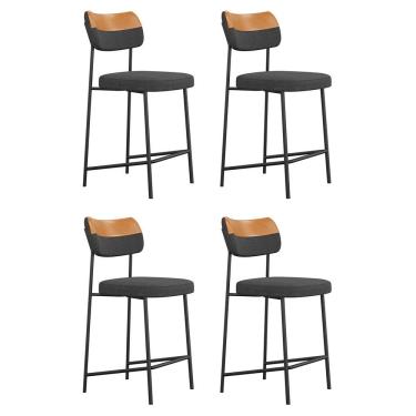 Imagem de Kit 04 Banquetas Médias Cozinha Lila Estofada Couríssimo Whisky Linho Grafite - Desk Design