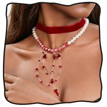 Imagem de Colar gargantilha de pérola de sangue para mulheres, colares de vampiro gótico, joias de pérolas sangrentas, acessórios de fantasia de Halloween, Medium, Liga de aço, Sem Pedra Preciosa