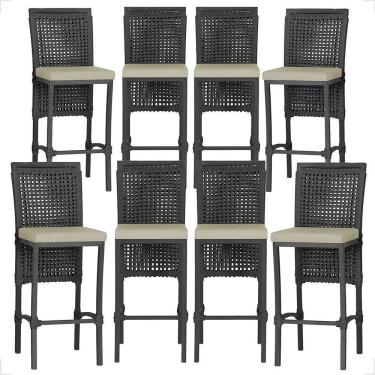 Imagem de 8 Banquetas Em Alumínio Roma Preta Corda Náutica Tecido 7 Preto