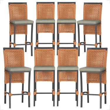 Imagem de 8 Banquetas Em Alumínio Roma Preta Corda Náutica Tecido 8 Terra Cota