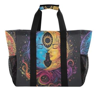 Imagem de ODAWA Bolsa de praia colorida portátil com lua e sol para academia e férias, bolsa leve de verão para piscina, Lua e sol coloridos, One Size