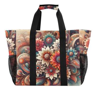 Imagem de ODAWA Bolsa de praia impermeável Boho Paisley Flores Bege para academia e natação, bolsa de verão com bolsos para viagens, Boho Paisley Flores Bege, One Size