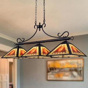 Imagem de TOCHIC Luz de mesa de bilhar - Lustre de casa de fazenda de 125,7 cm com 3 luzes Tiffany para sala de jantar, mesas de bilhar, sala de jogos, porão, bar - luminária de folhas rústicas para mesas de