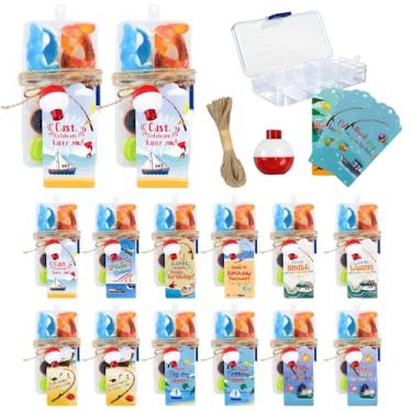 Imagem de Crlincen Lembranças de festa de pesca: pacote com 24 caixas pequenas de equipamentos com 24 cartões de agradecimento exclusivos, caixas de equipamentos de doces de pesca com 24 bobinas de pesca para