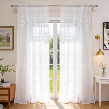 Imagem de Cortinas transparentes brancas bordadas florais 213 cm de comprimento, cortinas transparentes de voile bolso para varão, tratamentos de janela com filtragem de luz, casa de fazenda para quarto e sala