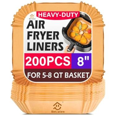 Imagem de 200 forros de fritadeira a ar, forro de papel descartável de pergaminho quadrado de 22 cm para fritadeira a ar, assar, assar e micro-ondas, acessórios de forro antiaderente