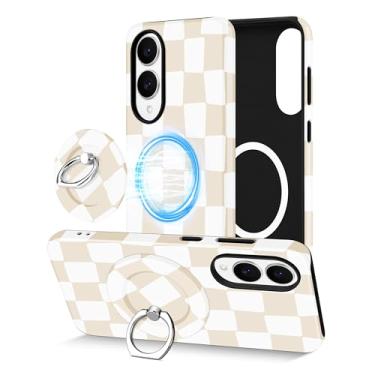 Imagem de Aitipy Capa de telefone magnética quadriculada para Samsung Galaxy S25 Edge, compatível com Magsafe, com lindo suporte de anel de xadrez capa protetora estética para mulheres e meninas - bege