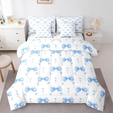 Imagem de Erosebridal Jogo de cama queen com laço azul para meninas, 7 peças, lindo conjunto de edredom com laço de coquete com lençol de cima, lençol com elástico, lençol de cima, com laço kawaii