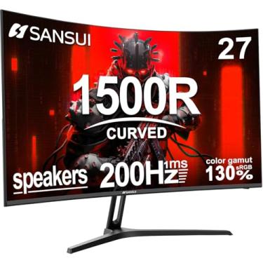 Imagem de SANSUI Monitor curvo para jogos de 27 polegadas 180Hz 1ms com alto-falantes FHD 1080p monitor de computador FreeSync|1500R|130% sRGB|HDR|luz azul baixa|portas HDMI DP|Montagem VESA|Suporte de metal