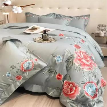 Imagem de Conjunto de cama de algodão com bordado de peônias, capa de edredom, lençol e fronhas para casamento, têxteis para o lar, azul, lençol de baixo com elástico, 1,8 MBed