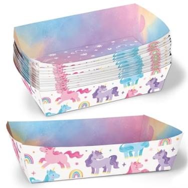 Imagem de Big Dot of Happiness Bandejas de comida de papel de festa de unicórnio, barcos de comida descartáveis para aniversário de unicórnio arco-íris, suportes de refeição de papel dupla face para nachos