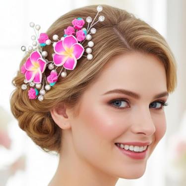 Imagem de Fstrend Alfinetes de cabelo de noiva com strass de flor rosa, acessórios de casamento havaianos feitos à mão para noivas, formaturas, festas na praia (conjunto de 2 peças)