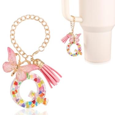 Imagem de Acessórios de copo com pingente de letra, decoração de copo de alfabeto fofo com alça de caneca, pingentes de decoração com borboleta, para Stanley Tumblers, mulheres, meninas, presente (Q)