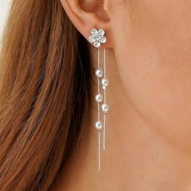 Imagem de Brincos femininos de ouro e prata, brincos de flores delicadas com zircônia cúbica e corrente de pérola, Small, Latão, Sem pedra preciosa