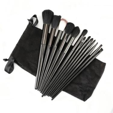 Imagem de Conjunto de pincéis de maquiagem de 13 peças com bolsa de pano – base macia e fofa, sombra, pincel de mistura, fibra sintética premium + plástico, preto
