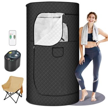 Imagem de MiLin Caixa de sauna para relaxamento doméstico, barraca de sauna a vapor pessoal portátil com controle remoto de vaporizador de 3L/1300W, 5 camadas à prova d'água e isolamento térmico, cadeira