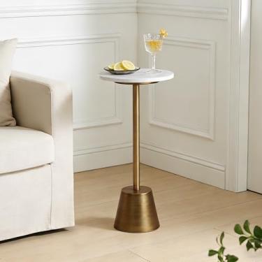 Imagem de Aoligrace Mesa lateral com pedestal de mármore branco, mesa de canto redonda com base antiga para sofá, pequenas mesas de bebida para espaços pequenos, mesa vintage para coquetéis martini para sala de