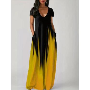 Imagem de Novo verão solto impressão casual vestido feminino bolso vestido longo