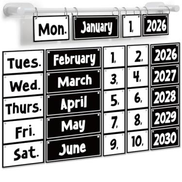 Imagem de Quadro de avisos preto e branco, conjunto de calendário flip preto e branco com suporte, decoração de sala de aula neutra com 56 cartões de data, suporte de sistema giratório ajustável para sala de