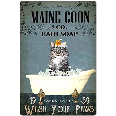 Imagem de Pôster engraçado de metal de gato maine coon co. sabonete de banho lavar suas patas placa de metal retrô banheiro cozinha sala de estar arte de casa decoração de parede placa presente, 20 x 30 cm