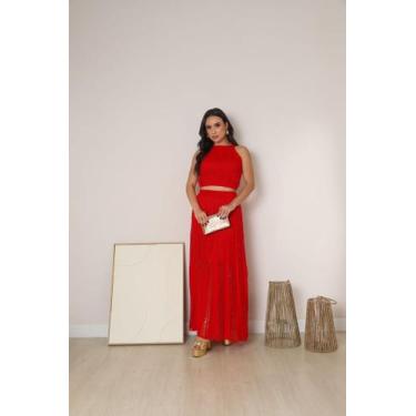 Imagem de Conjunto de tricô feminino de verão Saia Longa e cropped rendado forra