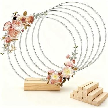 Imagem de Conjunto de 6 argolas florais com 6 unidades de suportes de madeira - Centros de mesa de metal para decoração de mesa de casamento, grinaldas para pendurar na parede, apanhadores de sonhos e macramê