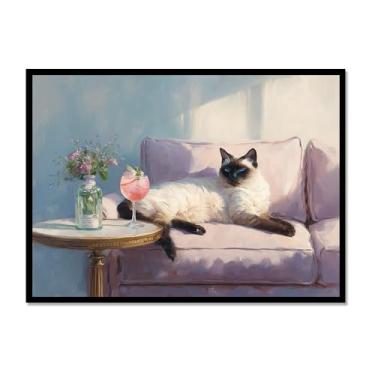 Imagem de Gato preto com estampa de arte de Martini fofo gato peculiar coquetel bar decoração moderna casa cozinha arte de parede pintura em tela pôster estética (SKU7,16x24") (40 x 60 cm), moldura de metal