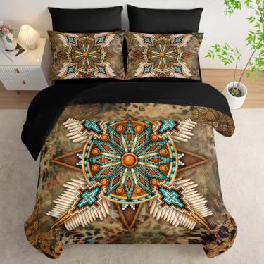 Imagem de AILONEN Jogo de edredom com estampa étnica, tamanho Queen, cama de mandala nativa americana em uma bolsa, 7 peças, edredom boho, lençol de cima, 2 fronhas e 2 fronhas