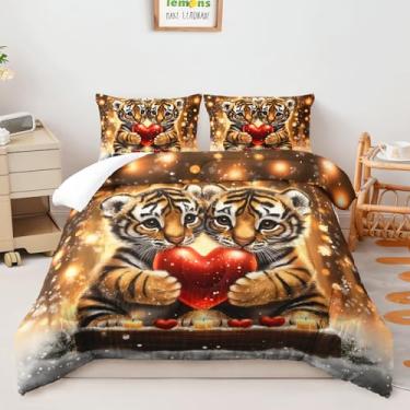 Imagem de AILONEN Conjunto de edredom infantil fofo de tigre de bebê, tamanho casal, coração vermelho, animal selvagem, conjunto de edredom para meninas e meninos, colcha de microfibra macia com 2 fronhas, 3